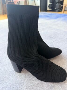 Black Knit Sock Booties with Block Heel - Women